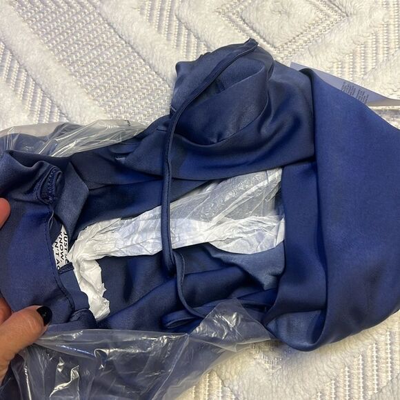 ASOS DESIGN drape front midi slip dress with wrap skirt in blue - Picture 7 of 8